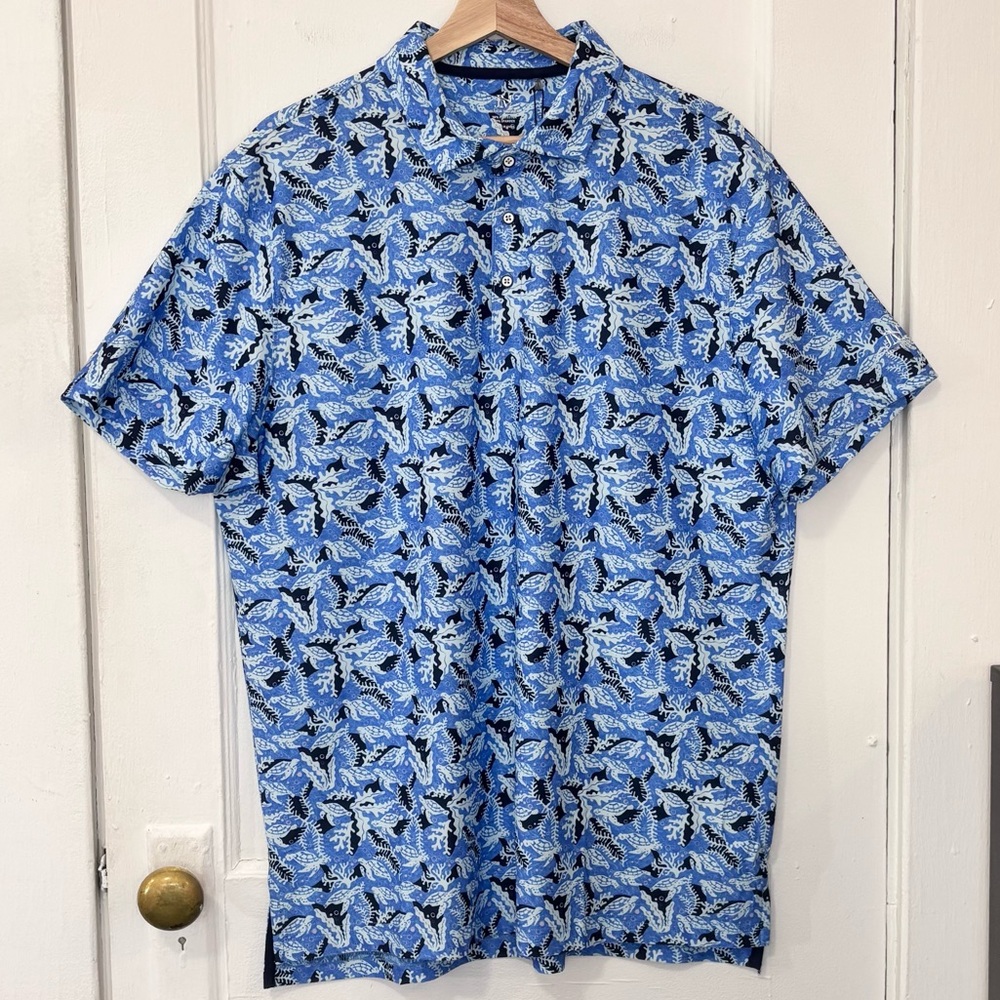 NWT Jaxson Maximus Men’s Panhandle Polo Gulf Coast Turtle Blue/White Shirt, XL